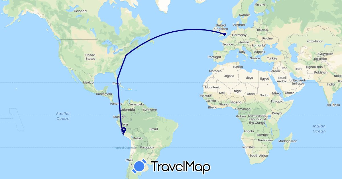 TravelMap itinerary: driving in United Kingdom, Peru, United States (Europe, North America, South America)
